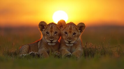 Obraz premium Lion Cubs Resting in Grass at Sunset Wildlife Animal Portrait