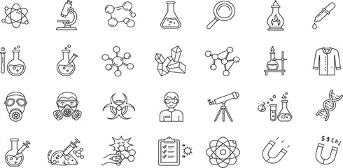 Science and chemistry related editable stroke outline icons set isolated on white background flat vector illustration