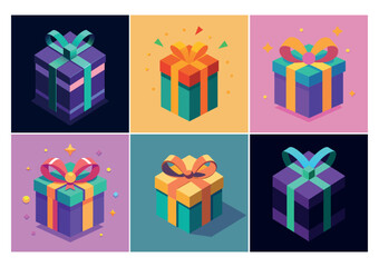 Colorful Birthday Gift Box with Ribbon and Party Confetti, Fun Vector Art, A vibrant and fun 3D birthday gift box design with colorful ribbons and festive confetti