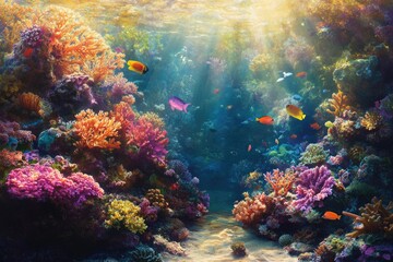 Fototapeta premium A vibrant coral reef scene teeming with colorful fish and diverse coral formations illuminated by sun rays.