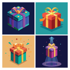 Festive 3D Birthday Gift Box with Stars, Ribbons, and Balloons, Colorful Vector Art