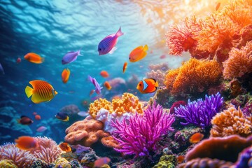Vibrant coral reef teeming with colorful fish swimming among diverse coral formations under sunlight-filtered waters. © Harsha