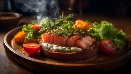 Delicious Grilled Salmon Dish with Fresh Salad and Creamy Sauce on Wooden Plate