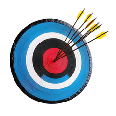 Archery target with multiple arrows hitting bullseye isolated on transparent background