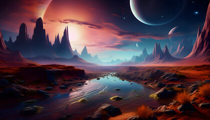 Alien Planet Landscape Serene Stream Red Desert Mountains Twin Moons