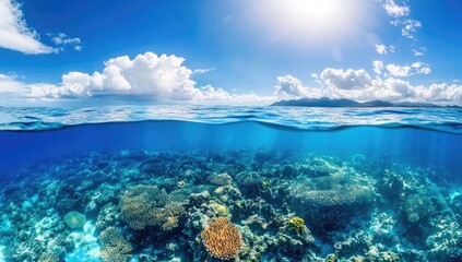 Tropical coral reef panorama, sunlit water and sky.  Clear ocean, vibrant coral, and bright sunlight