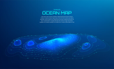 Fototapeta na wymiar Sea ocean map topography background. Geography digital line mountain terrain contour vector. Abstract 3D wire relief HUD chart design wide plan. Marine navigation geo pattern hologram banner.