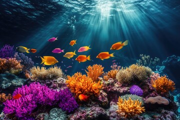 Naklejka premium A vibrant coral reef teeming with colorful fish swims under sun rays filtering through the ocean's surface, creating a beautiful underwater scene.