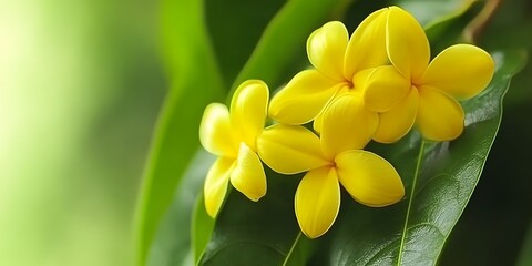 Fototapeta premium Vibrant Yellow Flowers Blooming on Lush Green Leaves