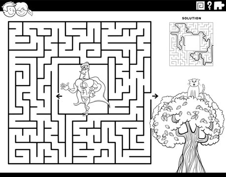 Fototapeta maze with cartoon superhero and kitten on the tree coloring page