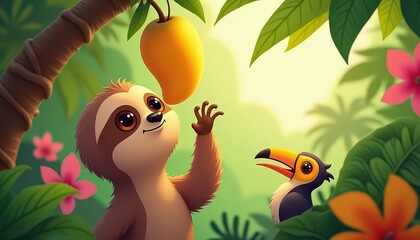 Naklejka premium Charming cartoon sloth wants to pick a juicy and ripe mango