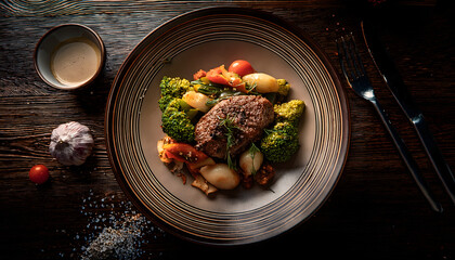 Gourmet Grilled Steak Dinner with Roasted Vegetables and Herbs