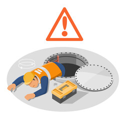 Fototapeta na wymiar Industrial worker loses consciousness while exiting confined space without proper safety measures, highlighting critical workplace hazard warning