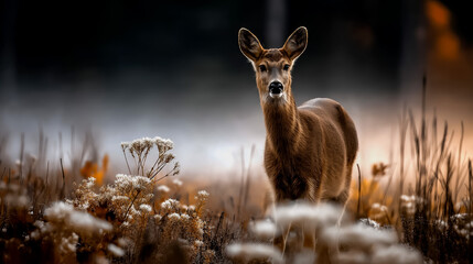 Deer in Misty Meadow at Dawn