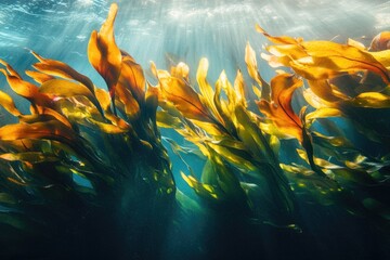 Underwater scene of golden kelp forest illuminated by sunlight, creating an ethereal and vibrant marine ecosystem filled with life.