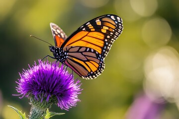 Naklejka premium A Monarch butterfly gracefully perched on a vibrant purple thistle flower, capturing the beauty of nature.