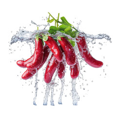 Fresh red peppers invigorated by a splash of water isolated on transparent background
