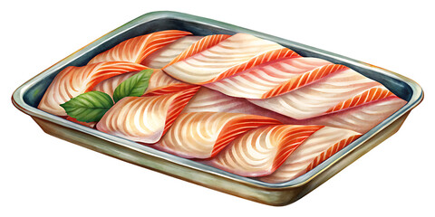 Delicious Salmon Sashimi Tray Garnished with Fresh Basil Leaves, Ready to Eat