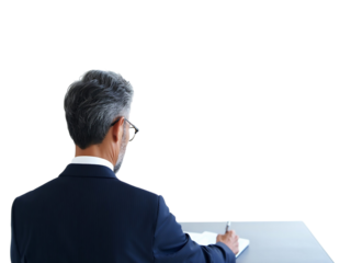 Mature businessman in suit reading documents, focused and professional, with glasses resting on his head.