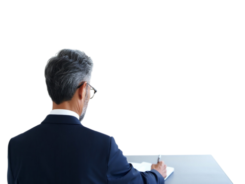 Mature businessman in suit reading documents, focused and professional, with glasses resting on his head.