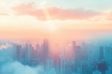Fototapeta premium Cityscape at sunrise, pastel hues, hazy skyline, urban panorama.