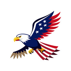 Bald eagle flying with usa flag on transparent background