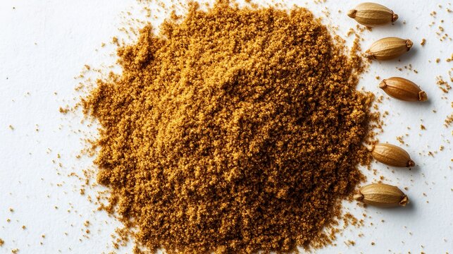 Top down view of a pile of cumin powder and a few whole cumin seeds placed on a white surface emphasizing their texture and color contrast overlay cut out on isolated transparent removed background