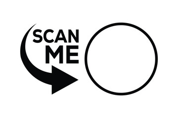 Black-and-white minimalist design: "SCAN ME" in bold text within a curved right-pointing arrow, surrounded by rectangular camera viewfinder frames. Clean, high-contrast graphic for digital marketing