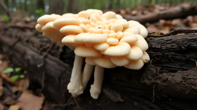 Beech coral (Hericium clathroides) mushroom grows on an old, dead fallen beech in the forest.