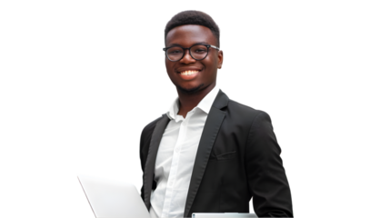 Smiling african american man in suit and glasses holding a laptop against a TRANSPARENT background studio shot