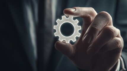 A close-up of a hand holding a glowing gear symbol, symbolizing innovation and technology in a corporate setting.