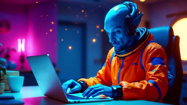 Space scientist working on a computer, hologram indicators floating in front of a laptop, alien on a space station typing on a laptop, technology development concept, real-time footage