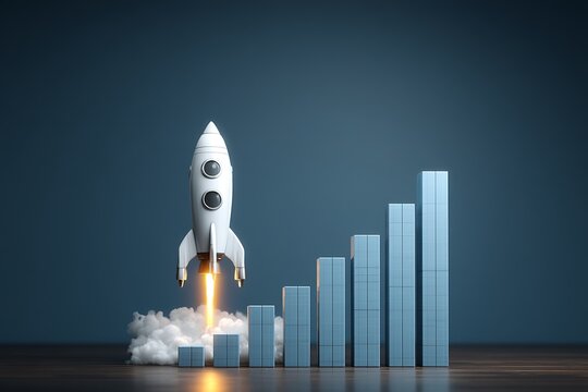 Rocket with chart for upward growth innovation  
