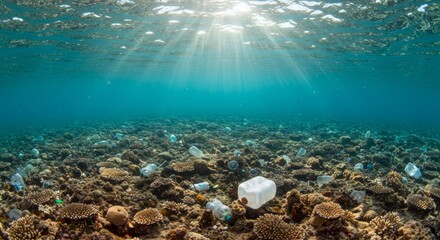 Obraz premium Underwater scene depicting coral reefs littered with plastic waste