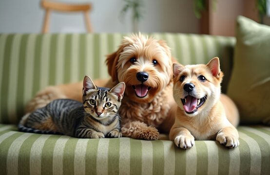 Playful dog cat friends lie on sofa. Domestic pets puppy kitty together at home. Smiling, happy animals friendly relations, fun time. Cozy home apartment, indoor.