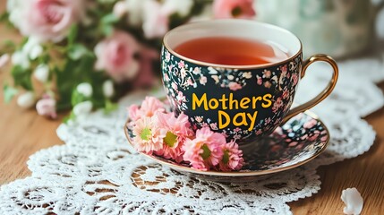 A surprise teacup and saucer gift set placed on a lace runner with flowers and a vibrant text "Mothers Day"
