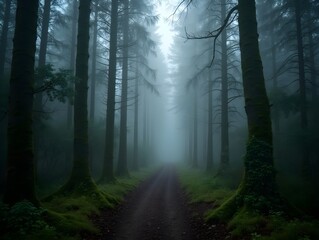 Misty forest path surrounded