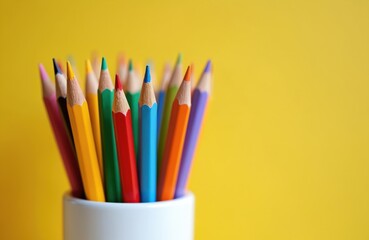 Group of colorful pencils in white glass against yellow backdrop. School stationery, art supplies, creative tools. Perfect for design projects, back to school concepts, drawing, sketching, education.