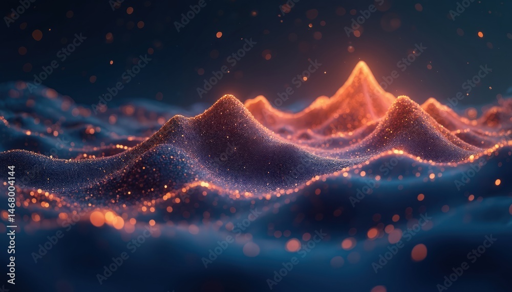 Aufkleber Abstract digital illustration of mountains. Glowing light, starry sky, low poly landscape with data visualization concept. Futuristic tech design with network connection, generative AI art.