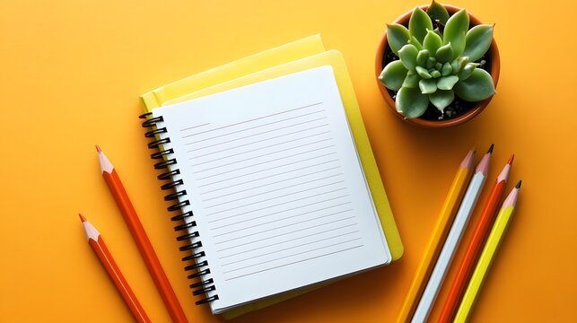 Blank Spiral Notebook Stationery Mockup with Colored Pencils and Succulent - Powered by Adobe