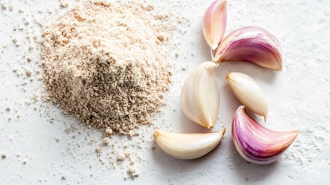 Top down view of a small heap of garlic powder with a few whole garlic cloves beside it isolated on a white surface overlay cut out on isolated transparent removed background