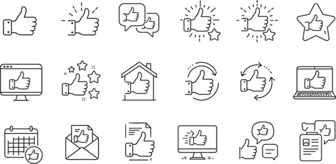 Fototapeta premium Thumb up and like gesture editable stroke outline icons set isolated on white background flat vector illustration