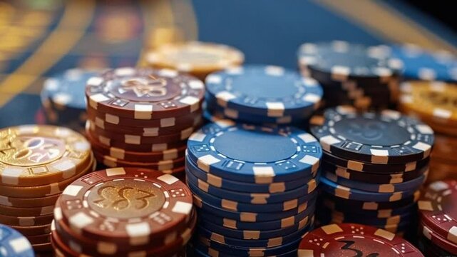 Poker players throw poker chips on casino table