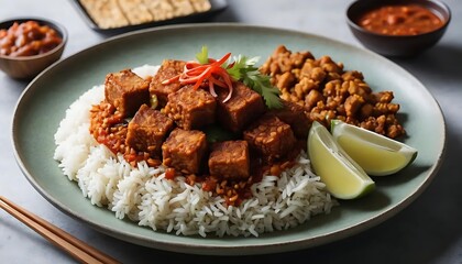 Fototapeta premium Serving of Prepared Tofu and Rice with Lime Wedges on Plate