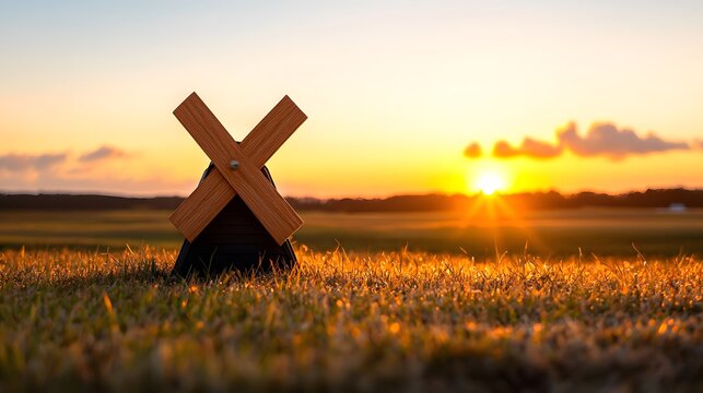 Small Wooden Windmill in a Foggy Field at Sunset