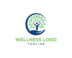 Wellness logo featuring hand holding tree with human figure for health and growth