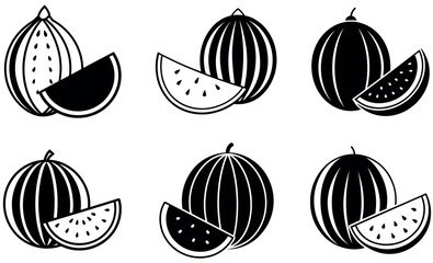 Black silhouette of a watermelon with a slice cut out, isolated on a white background.