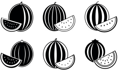 Black silhouette of a watermelon with a slice cut out, isolated on a white background.