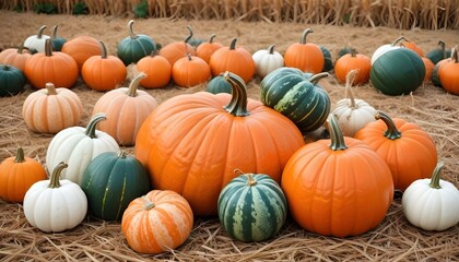 A bountiful display of pumpkins in various colors and shapes, ready for the fall season and holidays.