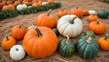 A vibrant display of pumpkins in various colors and sizes, ready for autumn.